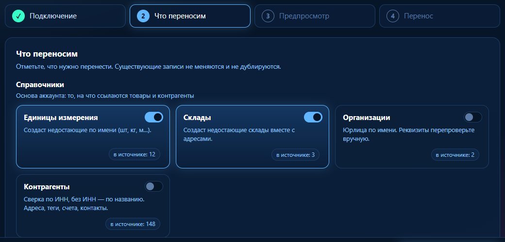 Выбор пунктов переноса: единицы измерения, склады, организации, контрагенты с количеством записей в источнике